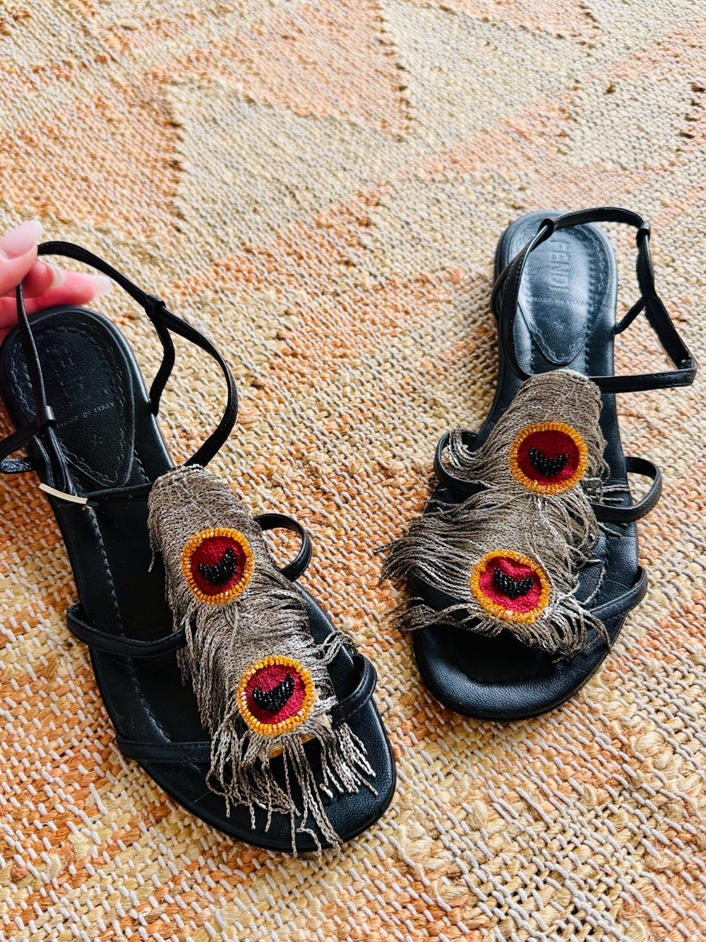 Y2K Vtg💯AUTH FENDI BEADED CHAIN MAIL TRIBAL LEATHER STRAPPY SANDAL  5.5-6